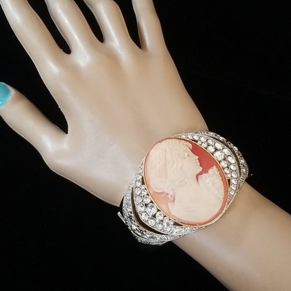 Amedeo Cameo Rhinestone Gold Tone Cuff Bracelet - Picture 10 of 16